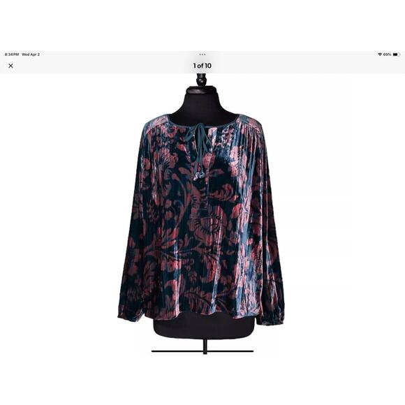 Anthropologie Faustine Velvet Peasant Blouse Medium Green Pink Oversized Boho - Picture 1 of 13